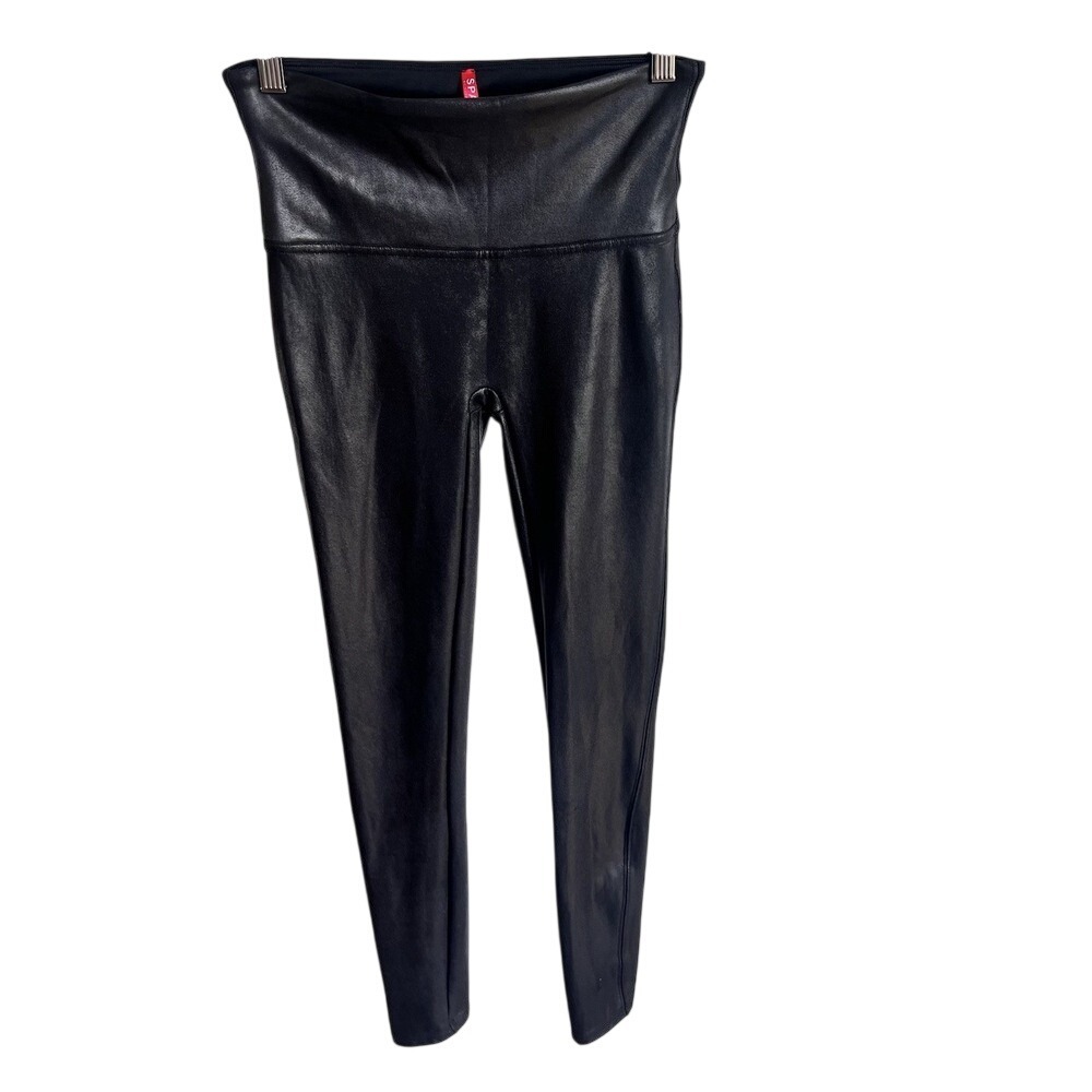 Spanx Faux Leather Leggings Sz Medium Black Shiny Shaping Nylon Pants
